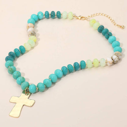 18K Gold Dipped Hammered Cross Plate Pendant Chunky Resin Disc Beaded Necklace: Fuchsia,Gold