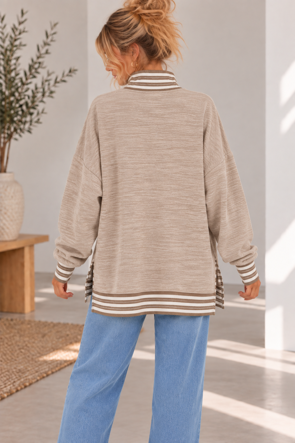BUTTER SOFT HEATHER FLEECE MOCK NECK TUNIC STRIPE CONTRAST: Beige / 3-3;S/M-L/XL