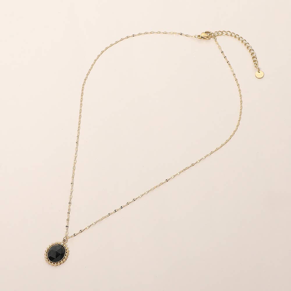 SECRET BOX_Stainless Steel Beaded Trim Oval Stone Pendant Necklace: Brown