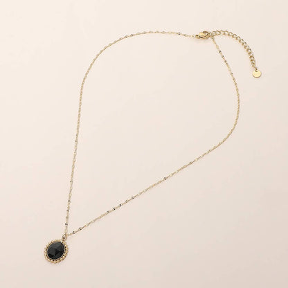 SECRET BOX_Stainless Steel Beaded Trim Oval Stone Pendant Necklace: Brown