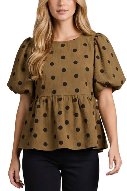 Puff Sleeve Polkadot Woven Top: MOCHA