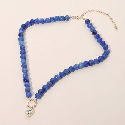 Round Stone Bezel Charm Pendant Beaded Necklace: Blue