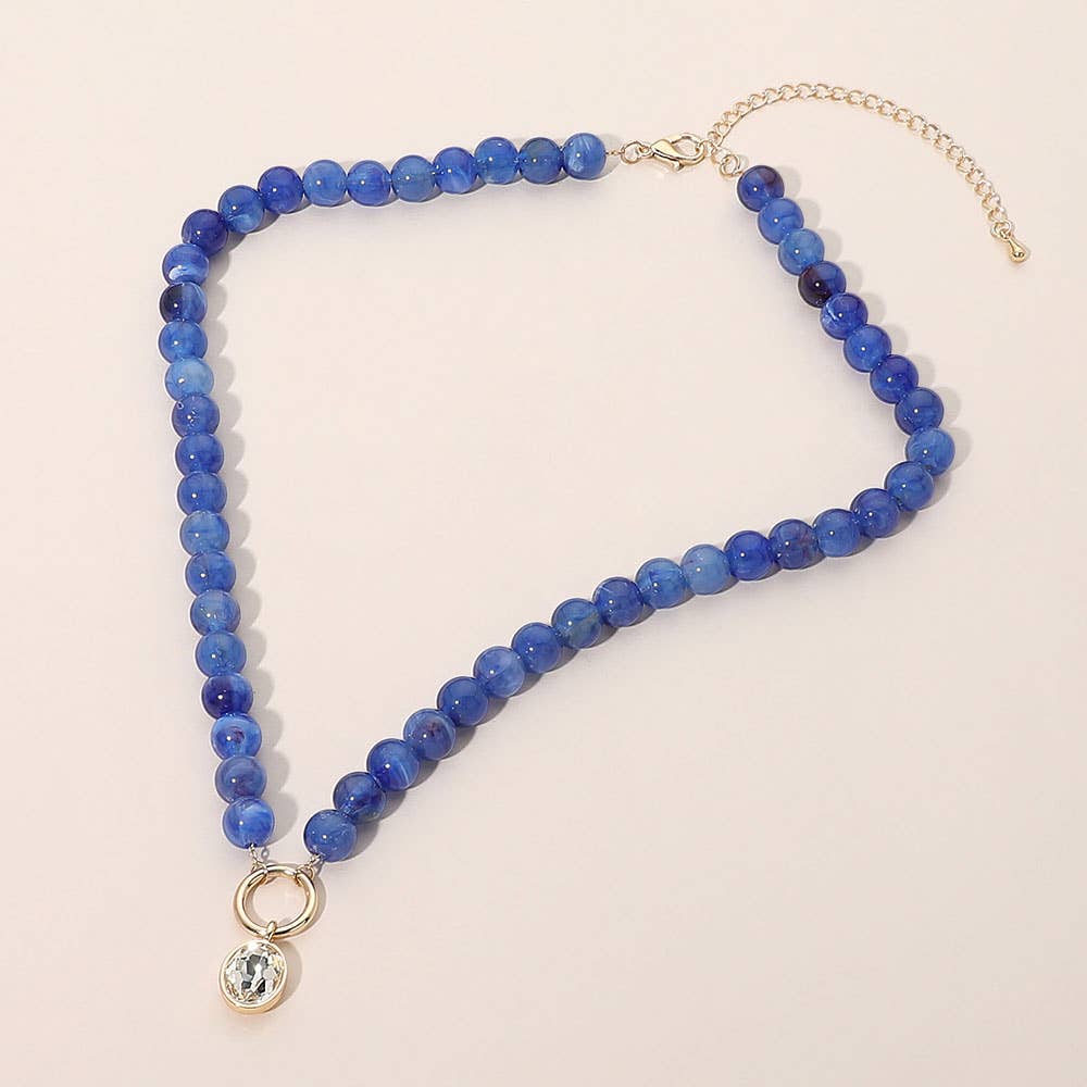 Round Stone Bezel Charm Pendant Beaded Necklace: Brown
