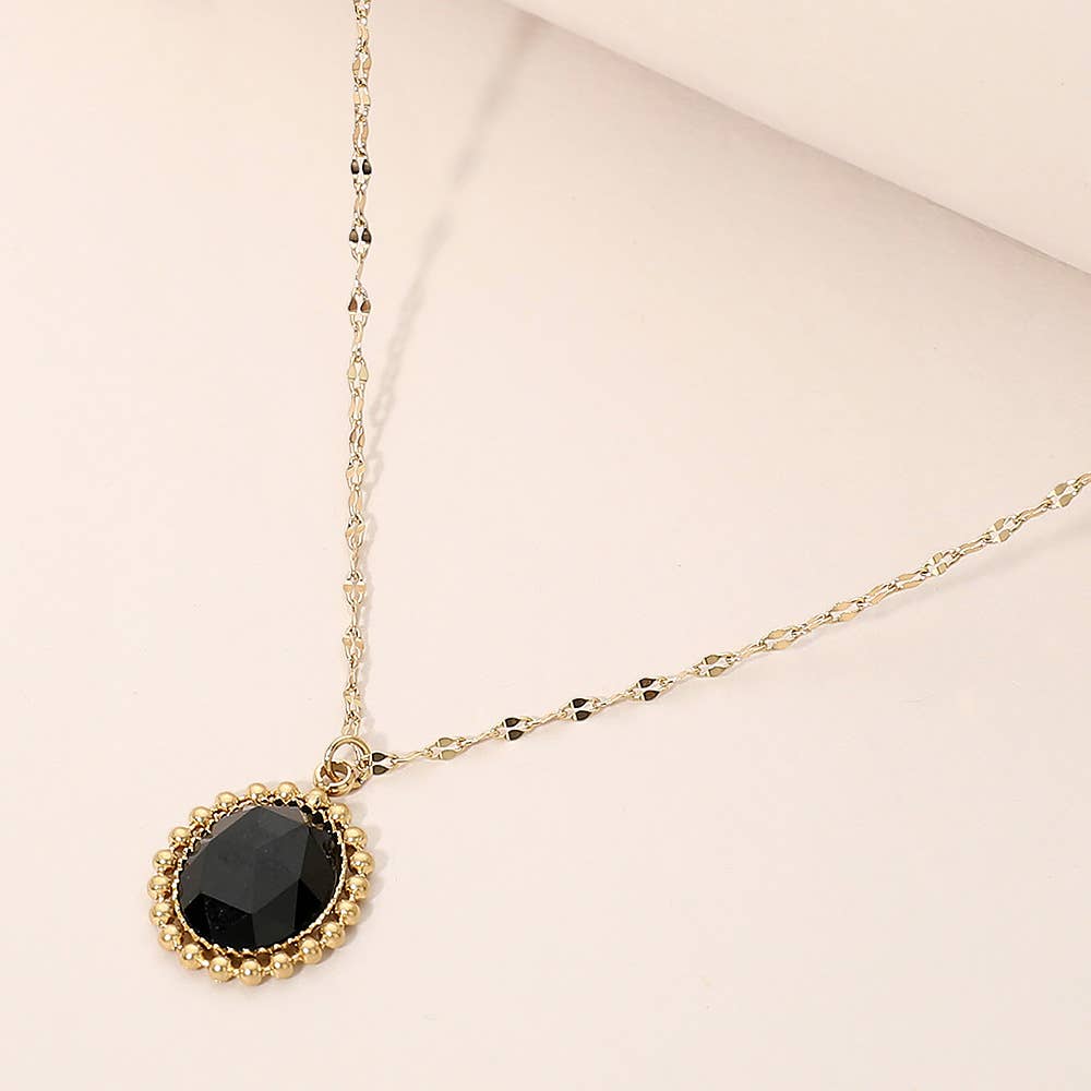SECRET BOX_Stainless Steel Beaded Trim Oval Stone Pendant Necklace: Brown