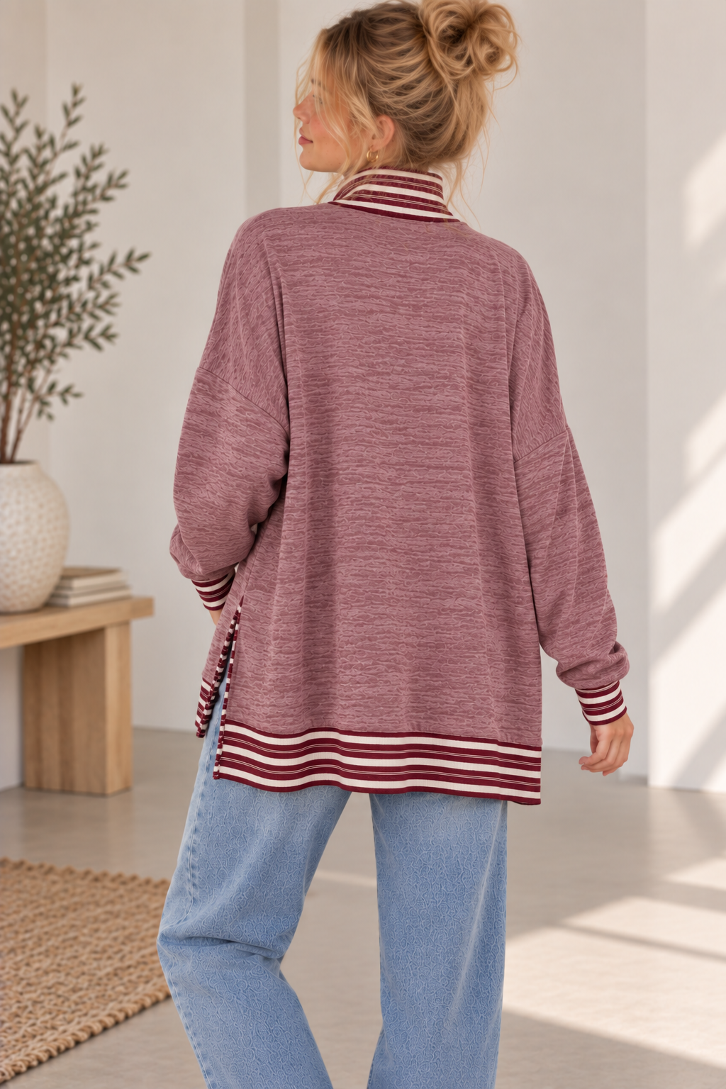 BUTTER SOFT HEATHER FLEECE MOCK NECK TUNIC STRIPE CONTRAST: Beige / 3-3;S/M-L/XL