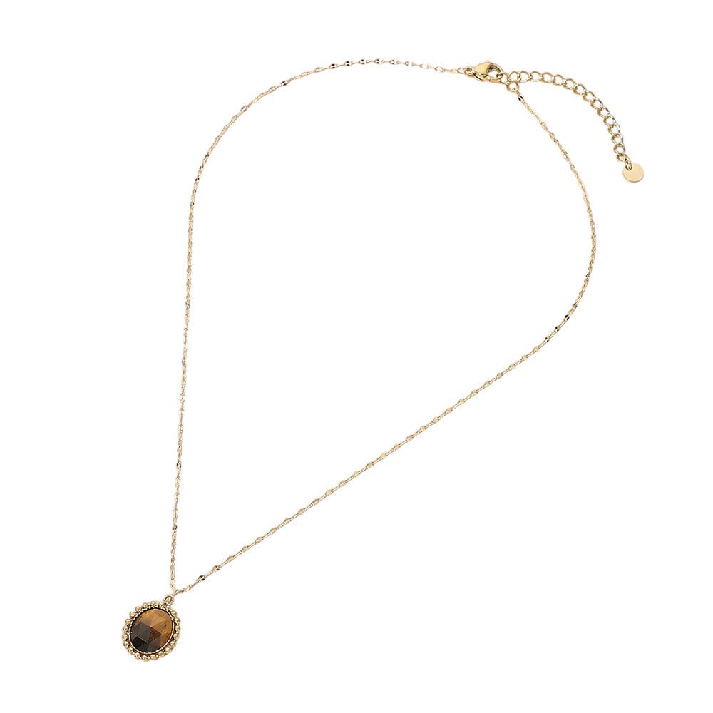 SECRET BOX_Stainless Steel Beaded Trim Oval Stone Pendant Necklace: Black