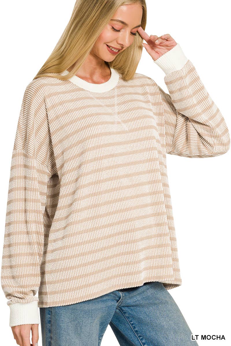Raised Rib Striped Round Neck Pullover: LT MOCHA