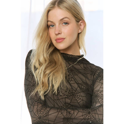 PLUS CROPPED SPIDER PATTERN BURNOUT MESH LONG SLEEVE TOP: Black