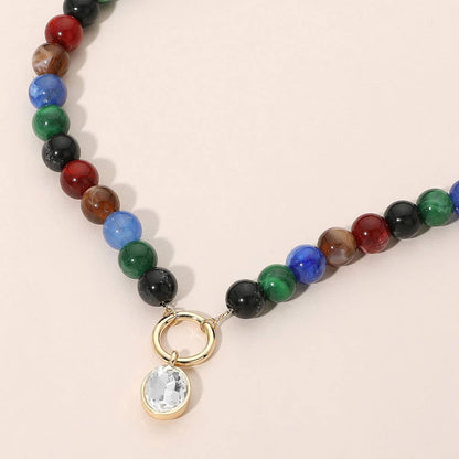 Round Stone Bezel Charm Pendant Beaded Necklace: Brown