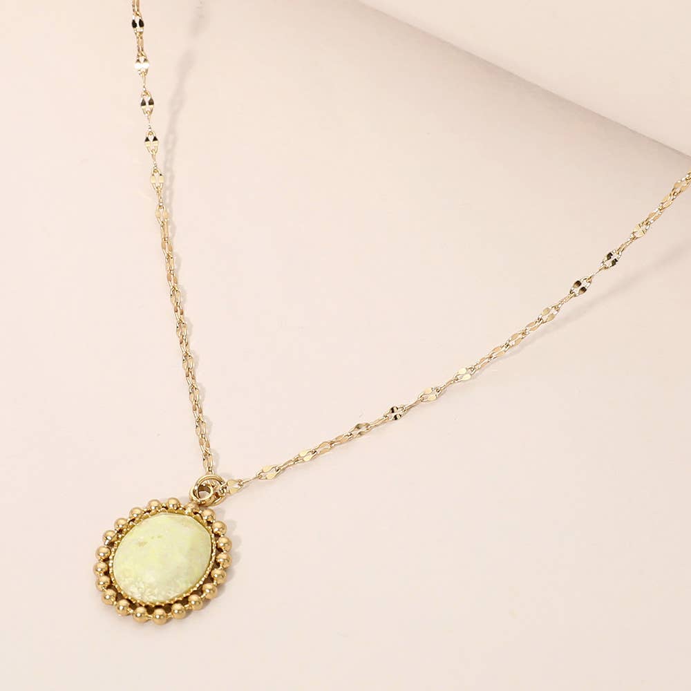SECRET BOX_Stainless Steel Beaded Trim Oval Stone Pendant Necklace: Black