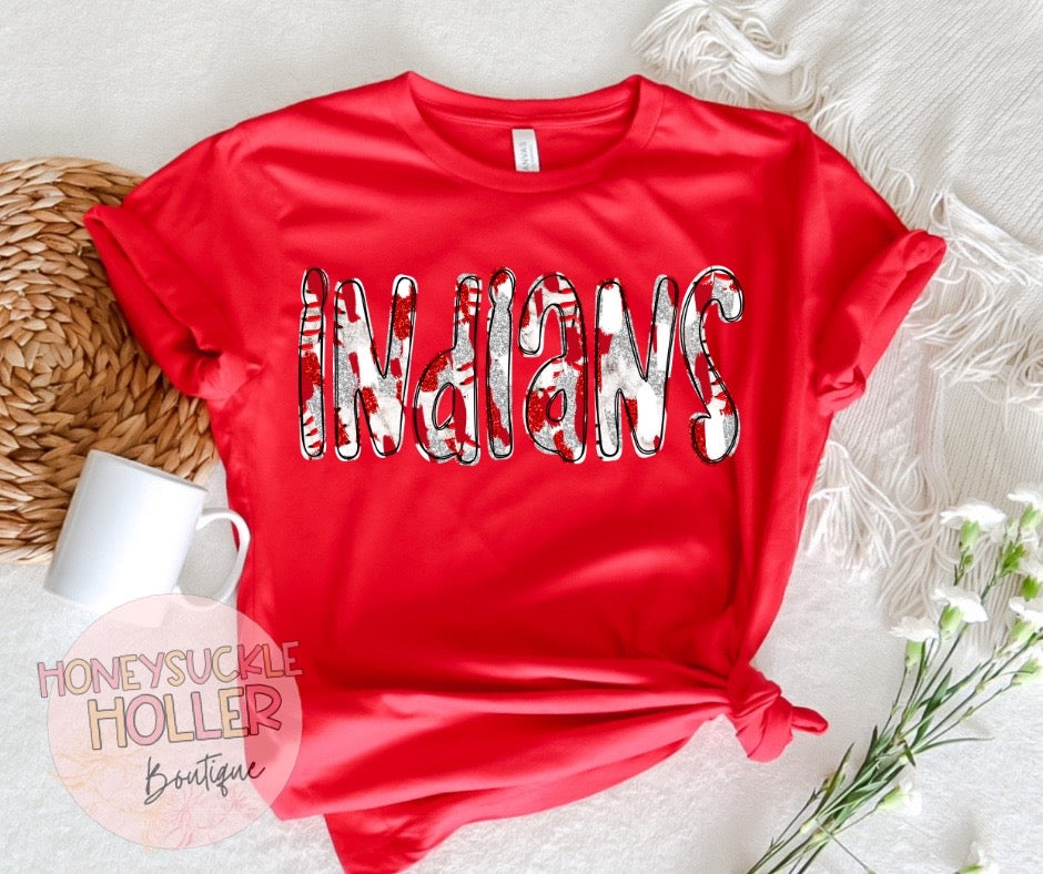 Faux Glitter Red and White Baseball Stitches Indians